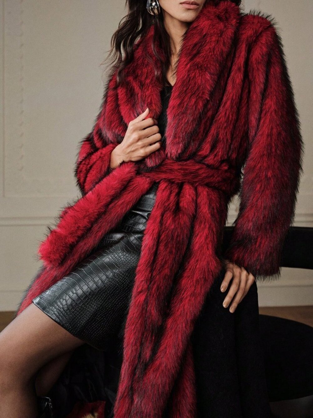 Red Elegant Women's Faux Fur Coat